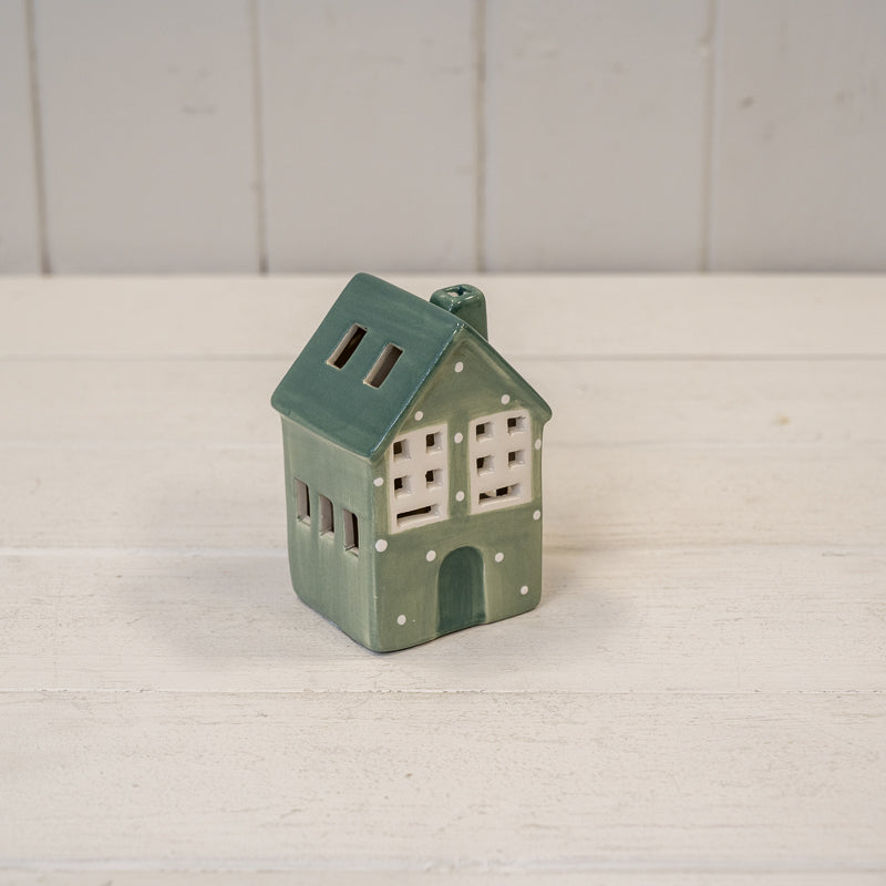 Green Ceramic Light Up LED House With Snowball – Green Ceramic LED House With Snowball Detail. 6 Hour Timer, W 6 x D 6 x H 9 cm
