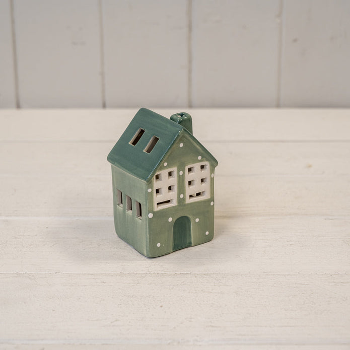 Green Ceramic Light Up LED House With Snowball – Green Ceramic LED House With Snowball Detail. 6 Hour Timer, W 6 x D 6 x H 9 cm