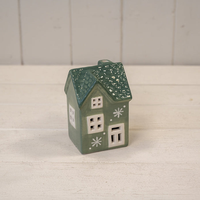 Green Ceramic Light Up LED House With Double Snowflake – Green Ceramic LED House With Double Snowflake Detail. 6 Hour Timer, W 7 x D 6 x H 10 cm