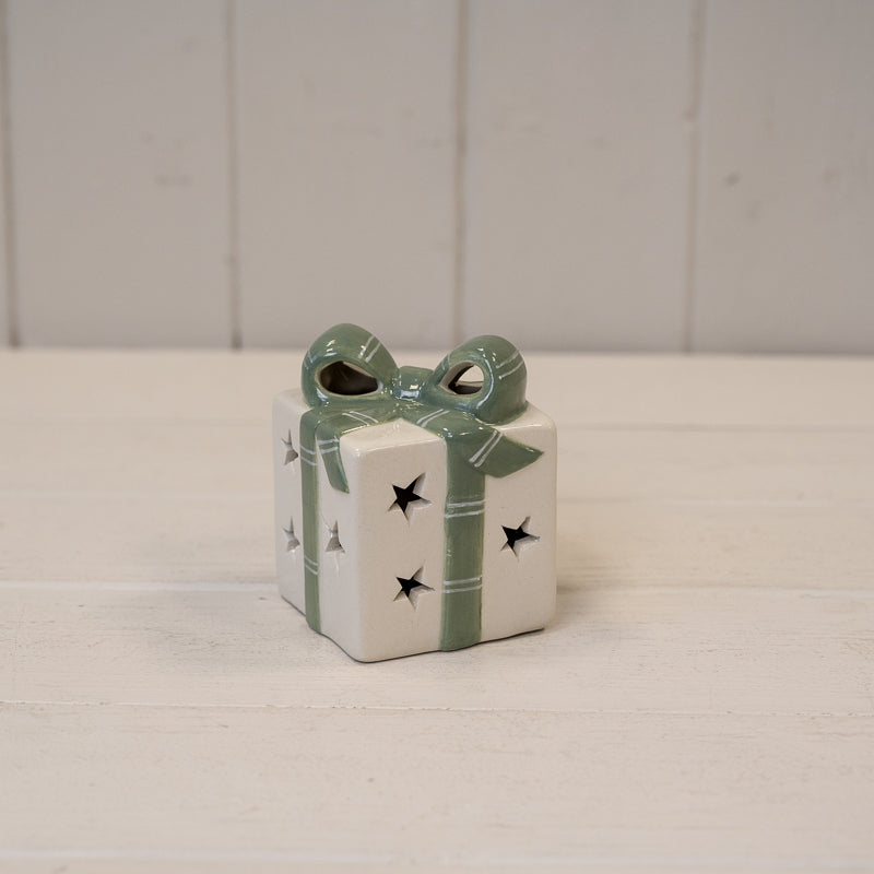 White And Green Light Up LED Ceramic Present – White/green Ceramic Present With LED, W 7 x D 7 x H 9 cm