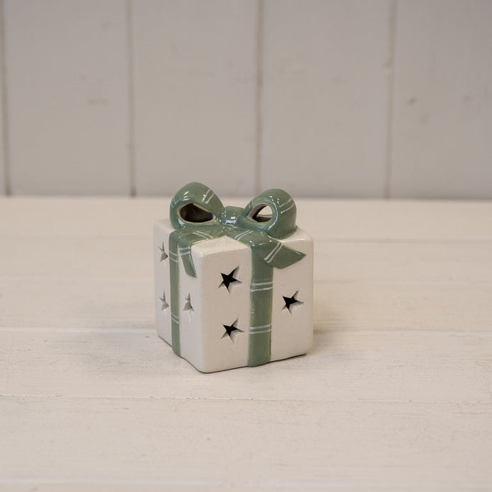 White And Green Light Up LED Ceramic Present – White/green Ceramic Present With LED, W 7 x D 7 x H 9 cm