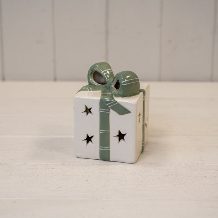 White And Green Light Up LED Ceramic Present – White/green Ceramic Present With LED, W 8 x D 8 x H 10 cm