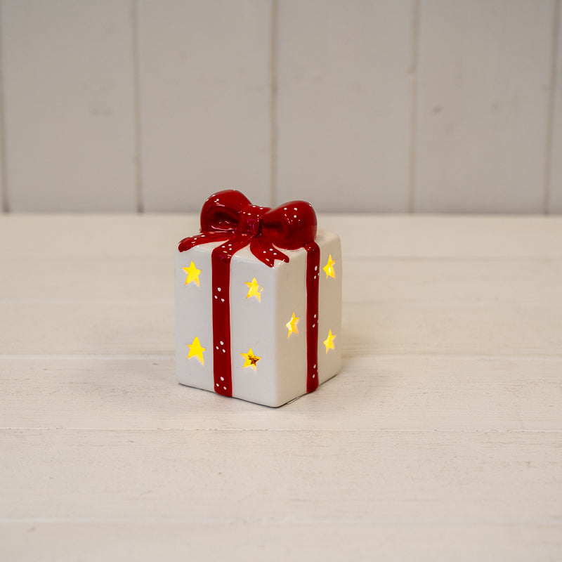 White and Red LED Ceramic Present, W 6 x D 6 x H 9 cm