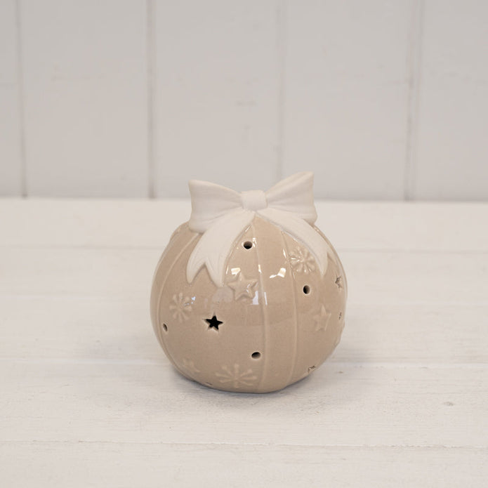 Beige Light Up LED Bauble With Bow – Beige LED Bauble With Bow, W 10 x D 10 x H 11 cm, porcelain