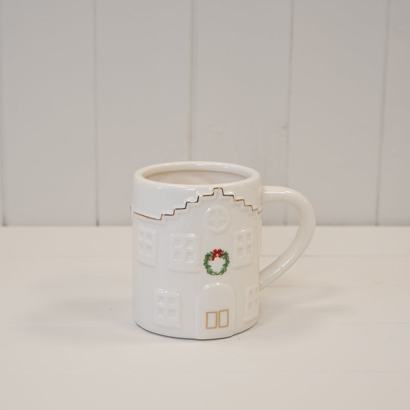 Wreath Cosy White Christmas House Mug, W 14 × D 9 × H 11 cm, porcelain