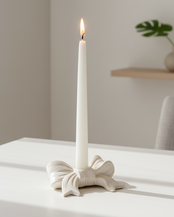 White ceramic bow-shaped dinner candle holder by Satchville, elegant home decor piece with a smooth glossy finish.