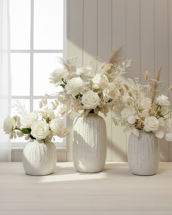 White ceramic vase with trailing leaf print, ideal for home decor, by Satchville, featuring a sleek, modern design.