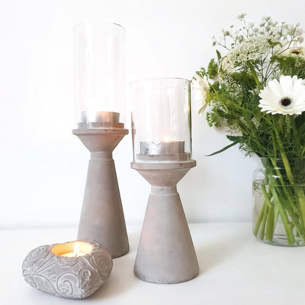 Satchville stone hurricane tealight candle holders in a small, decorative home decor style with natural stone finish.