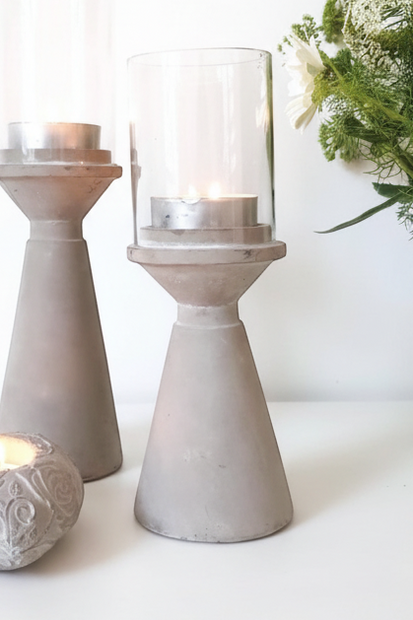Small stone hurricane tealight candle holders by Satchville, decorative home decor with a rustic stone finish.