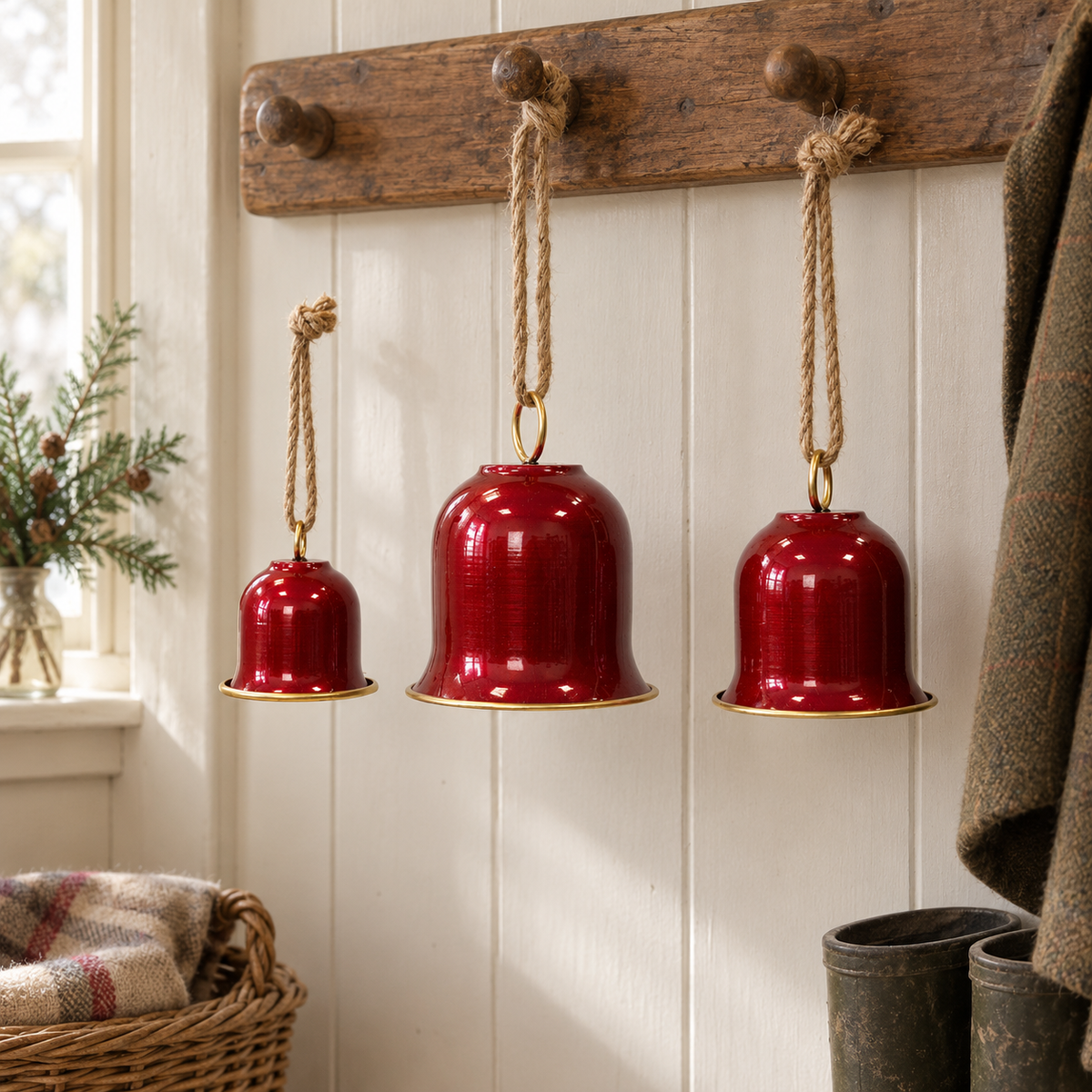 Three glossy red hanging bells displayed on an oak peg rail