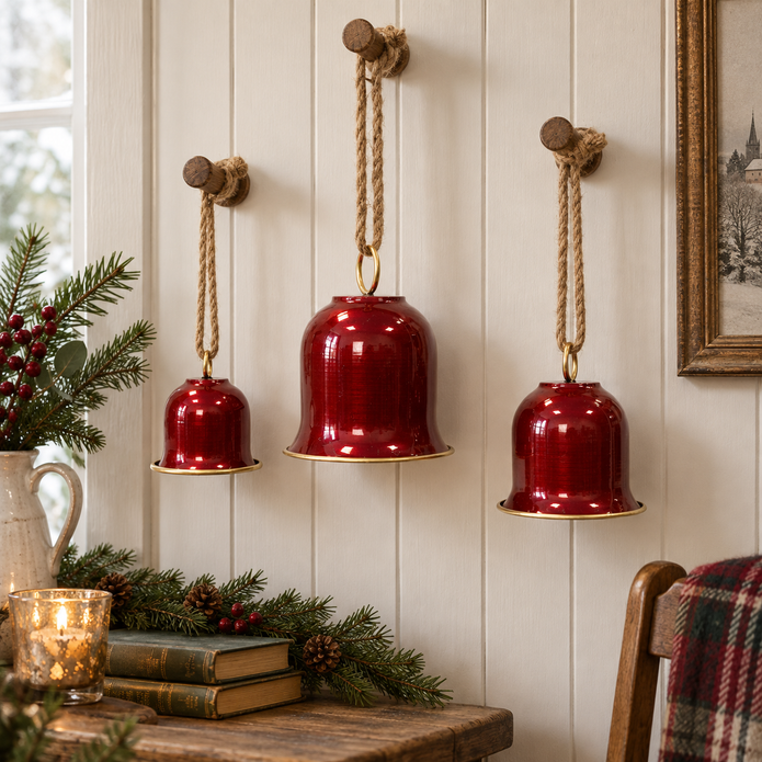 Glossy Red Bells With Hanger set of three styled naturally in a British country home