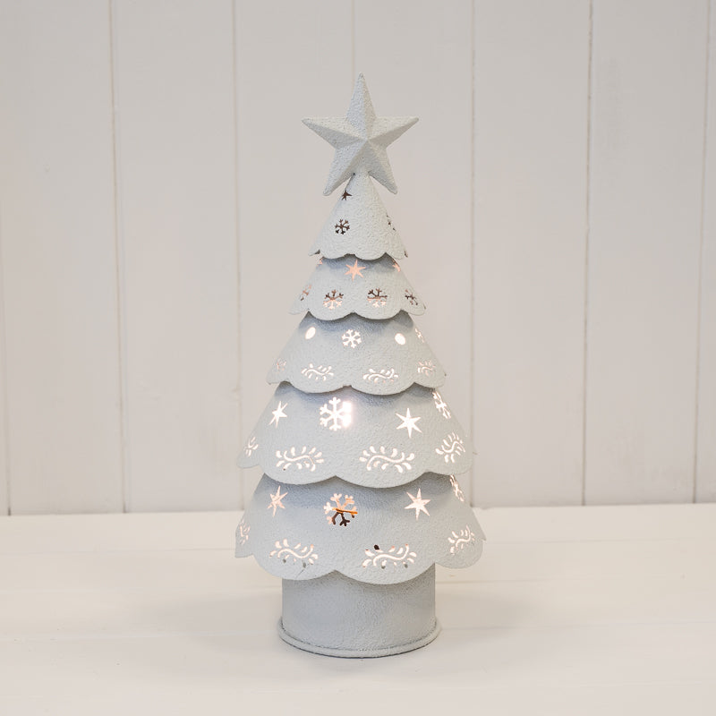 White Metal Light Up LED Cutout Christmas Tree – Off White Metal Cutout Detailed LED Christmas Tree, W 15 x D 15 x H 32 cm, metal