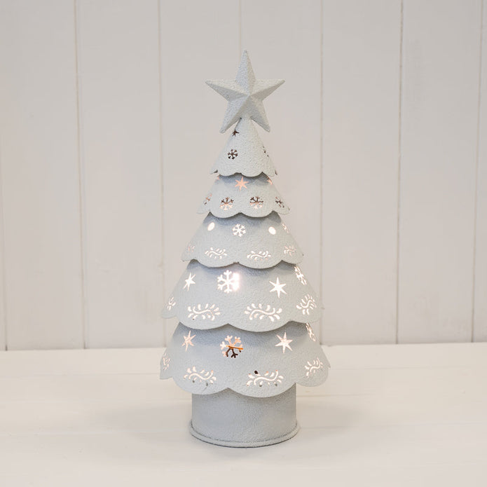 White Metal Light Up LED Cutout Christmas Tree – Off White Metal Cutout Detailed LED Christmas Tree, W 15 x D 15 x H 32 cm, metal