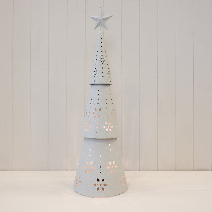 White Metal Light Up LED Cutout Christmas Tree – Off White Metal Cutout Detailed LED Christmas Tree, W 21 x D 21 x H 70 cm, metal
