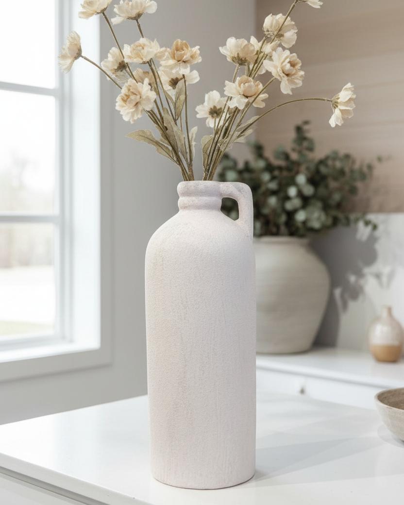 Tall white textured vase by Satchville, featuring a sleek cylindrical design and subtle surface pattern.