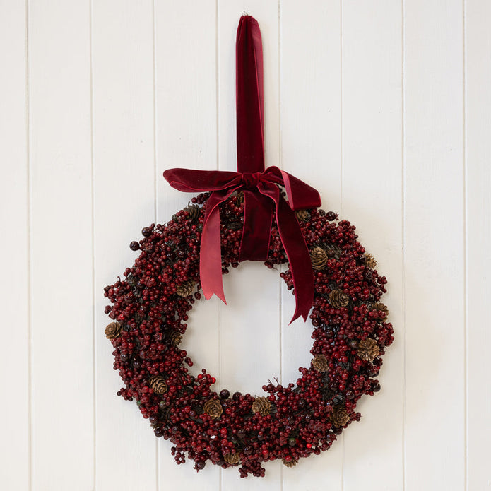 Luxury Wreath Burgundy Berry With Mini Pinecone And Velvet Ribbon Bow – Luxury Wreath Burgundy Berry With Mini Pinecone And Velvet Ribbon Bow Large, W 41 x D 7 x H 41 cm