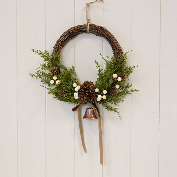 Twig Wreath With White Berry, Pinecones With Bells And Bow, W 26 x D 6 x H 29 cm, view 1