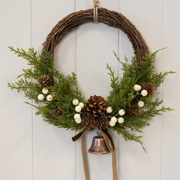 Twig Wreath With White Berry, Pinecones With Bells And Bow, W 26 x D 6 x H 29 cm, view 2