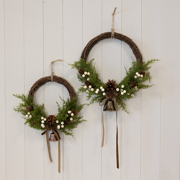 Twig Wreath With White Berry, Pinecones With Bells And Bow, W 26 x D 6 x H 29 cm, view 3
