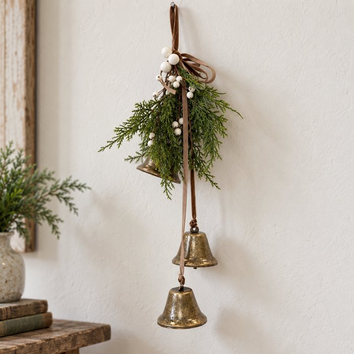 Close detail of aged brass hanging bells, greenery, white berries and brown ribbon