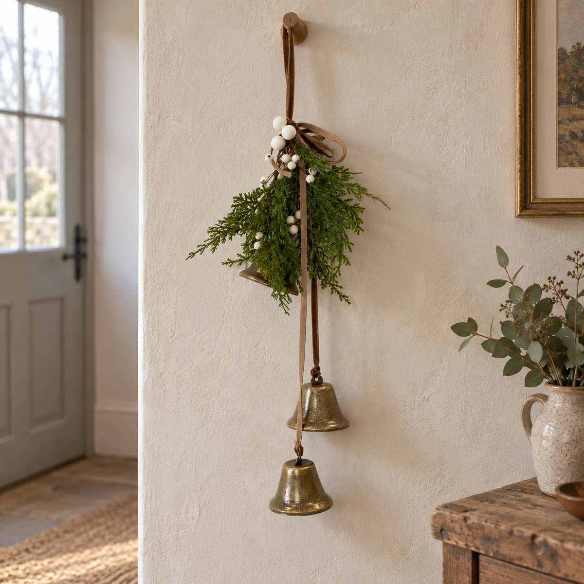 Hanging brass bells with greenery and white berries in a country hallway