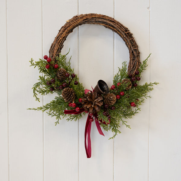 Twig Wreath With Red Berry, Pinecones With Bells And Bow, W 25 x D 7 x H 23 cm, view 1