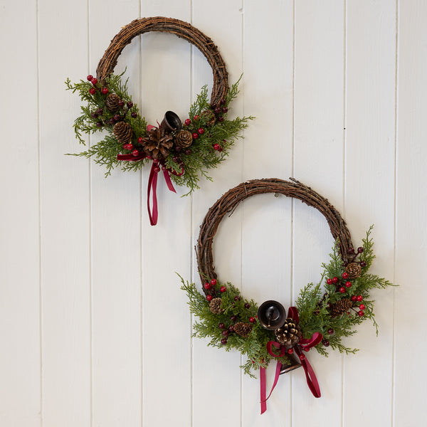 Twig Wreath With Red Berry, Pinecones With Bells And Bow, W 25 x D 7 x H 23 cm, view 2