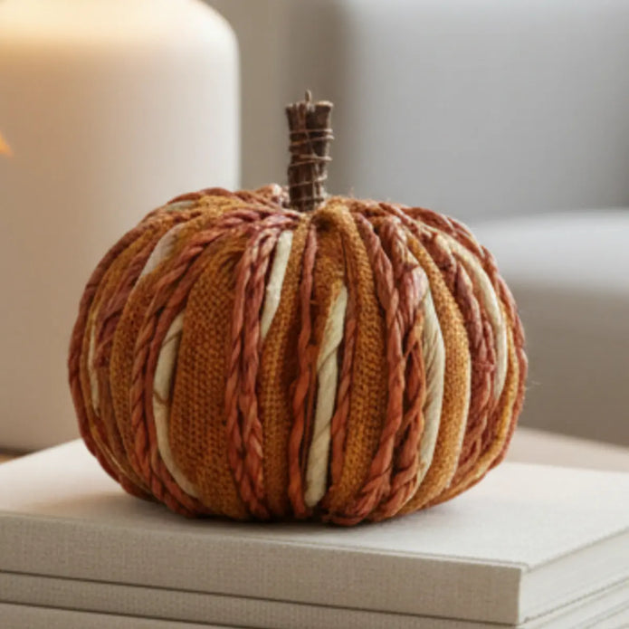 Handcrafted orange plaited and dried grass pumpkin for autumn decor by Heaven Sends, with detailed woven texture.