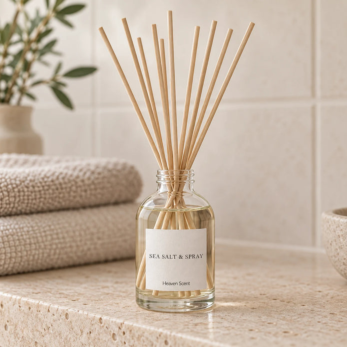 Heaven Scent SEA SALT & SPRAY 100ml reed diffuser styled on a stone bathroom shelf with reeds inserted.