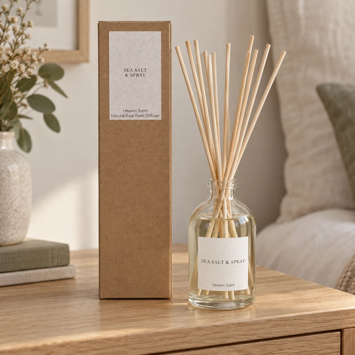 Heaven Scent SEA SALT & SPRAY 100ml reed diffuser with reeds inserted beside its matching kraft gift box.
