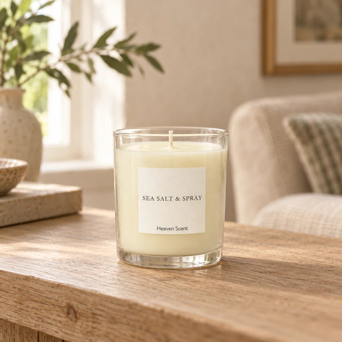 Heaven Scent Sea Salt & Spray Medium Candle, ivory wax in clear glass on an oak console