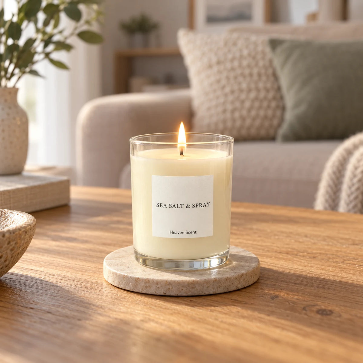 Heaven Scent Sea Salt & Spray Medium Candle, lit in clear glass on a stone coaster in a living room