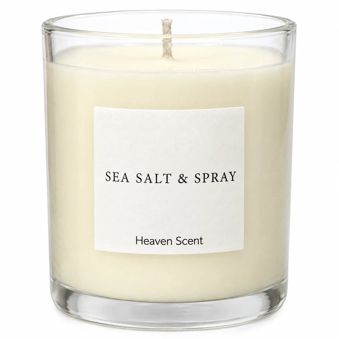 Heaven Scent Sea Salt & Spray Medium Candle, close-up of the fragrance label and clear glass