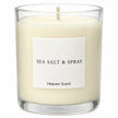 Heaven Scent Sea Salt & Spray Medium Candle, close-up of the fragrance label and clear glass