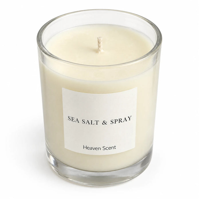 Heaven Scent Sea Salt & Spray Medium Candle, close-up of cream wax and the unlit wick