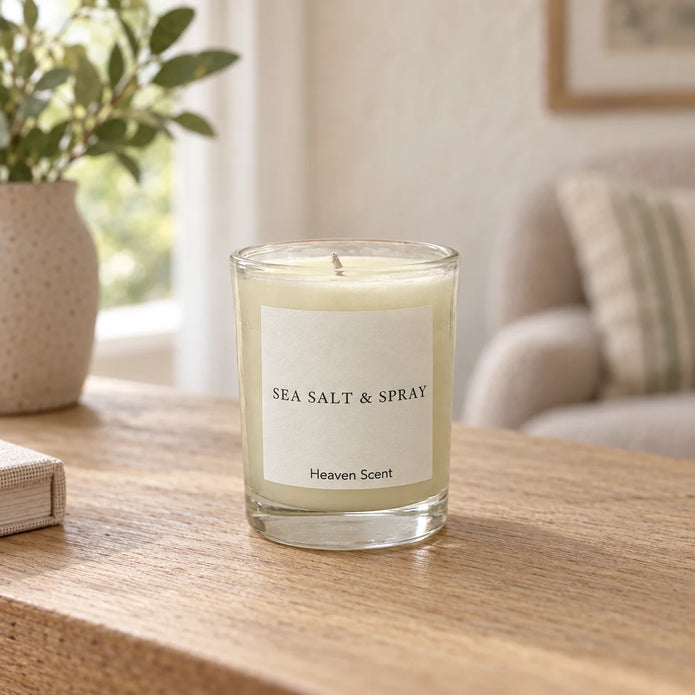 Heaven Scent Sea Salt & Spray Small Candle, ivory wax in clear glass on an oak console