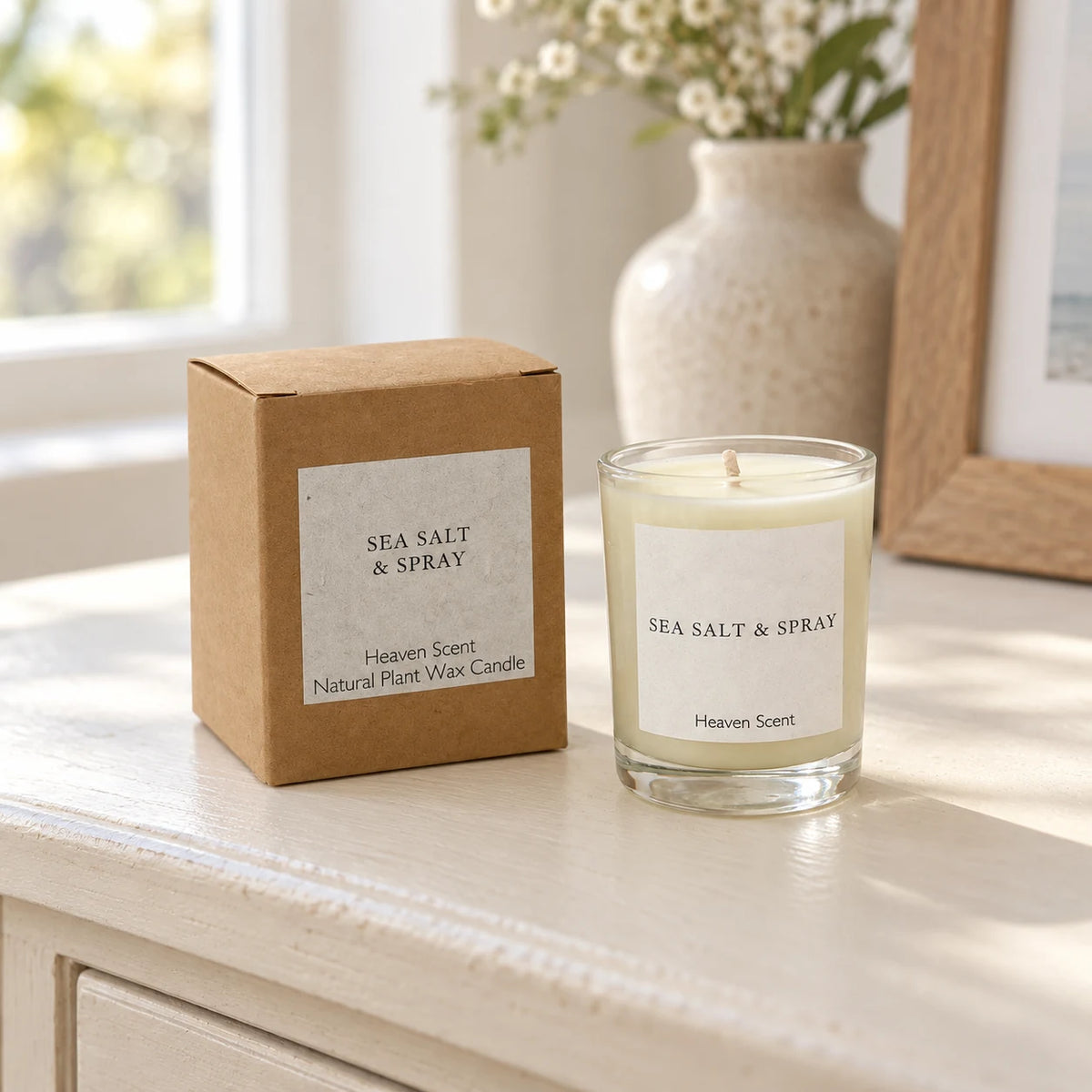 Heaven Scent Sea Salt & Spray Small Candle, unlit with its brown kraft box on a cream console