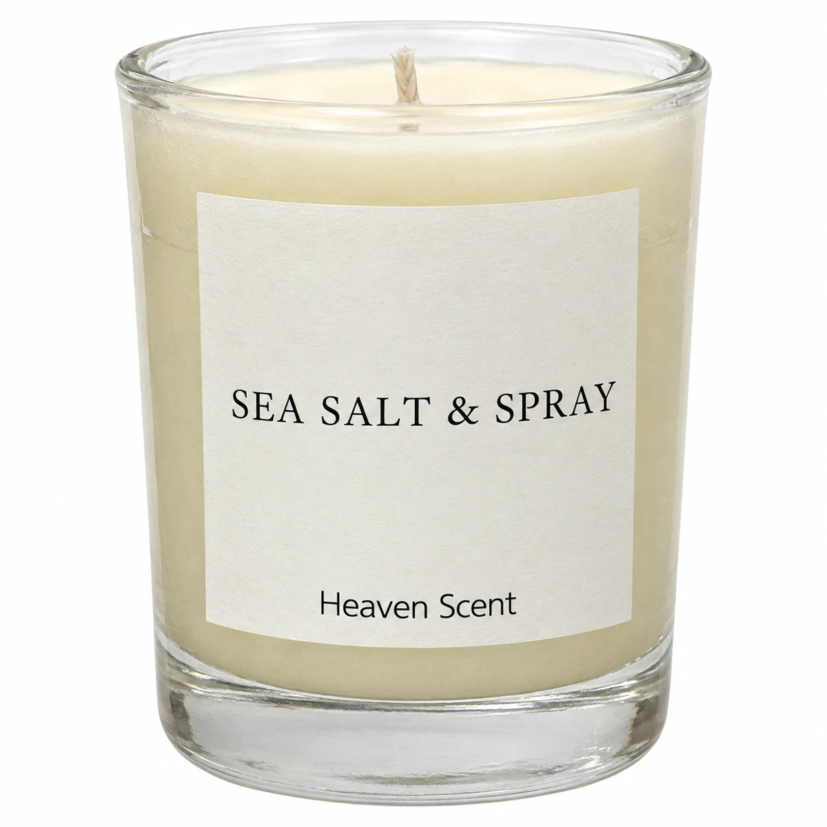 Heaven Scent Sea Salt & Spray Small Candle, close-up of the fragrance label and clear glass
