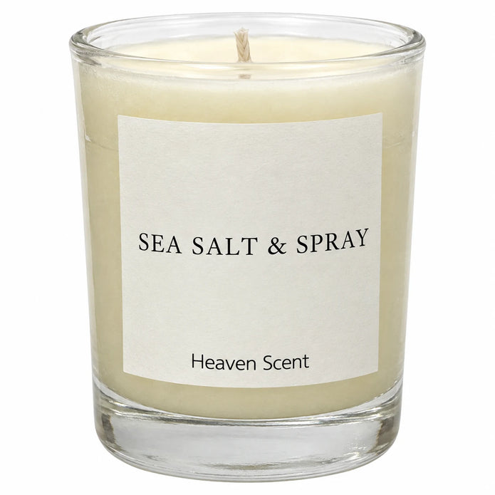 Heaven Scent Sea Salt & Spray Small Candle, close-up of the fragrance label and clear glass