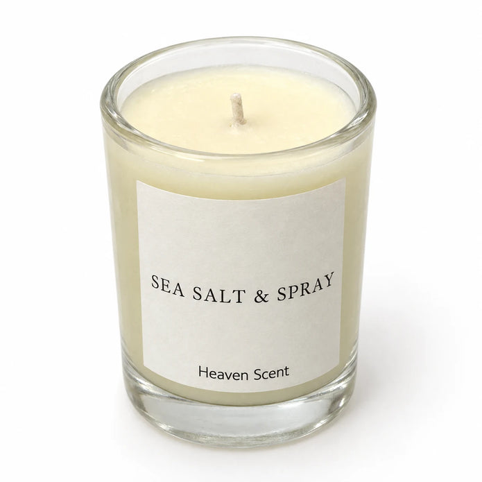 Heaven Scent Sea Salt & Spray Small Candle, close-up of cream wax and the unlit wick