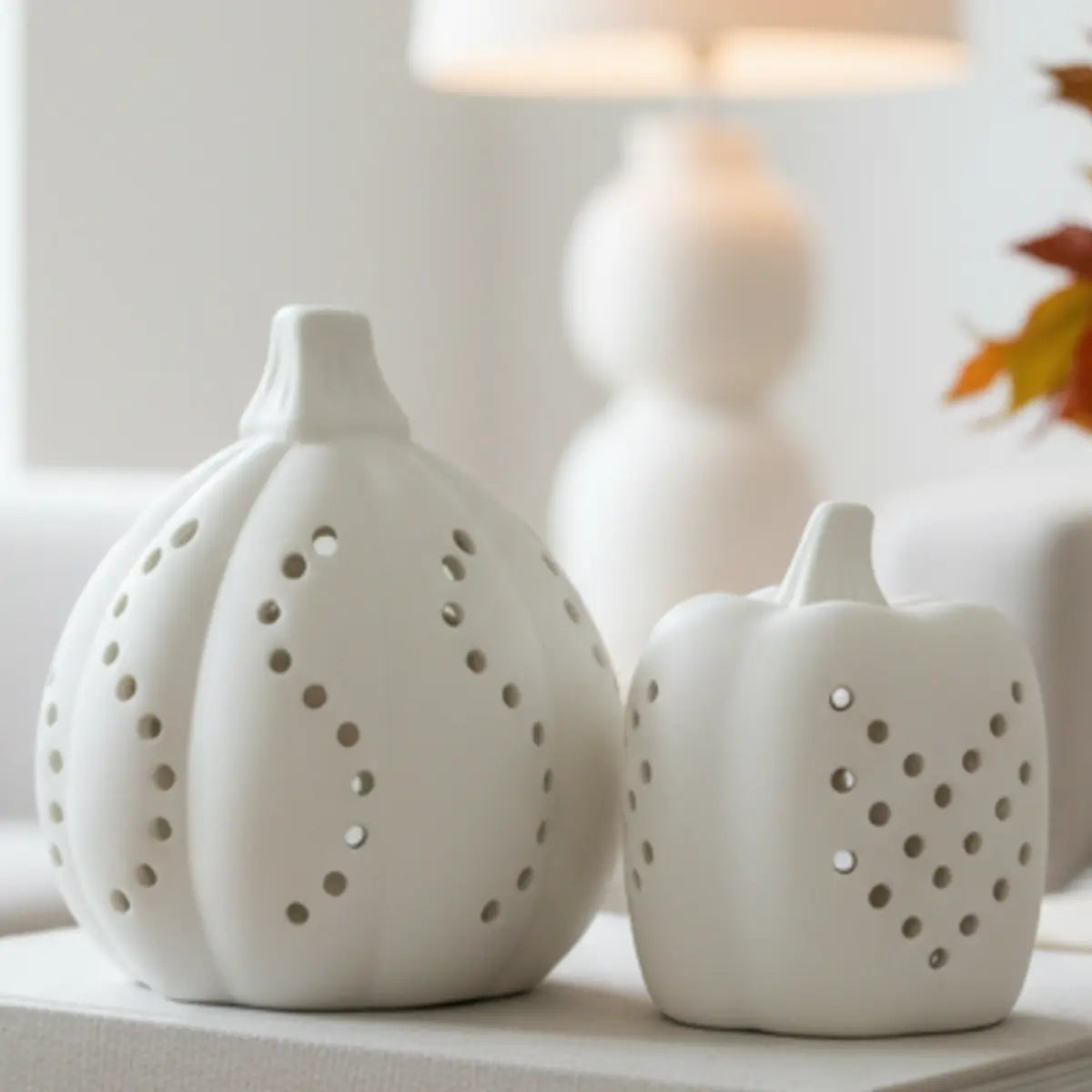 White Ceramic Light Up LED Pumpkins – Elegant Illuminated Autumn Decoration - Set of Two, close-up product detail