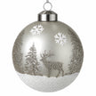 Detailed studio view of silver glitter stag, fir trees and white snowflakes on a glass bauble