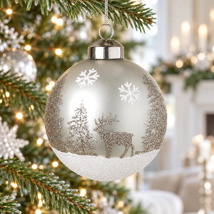 Silver winter scene glass bauble hanging on a Christmas tree
