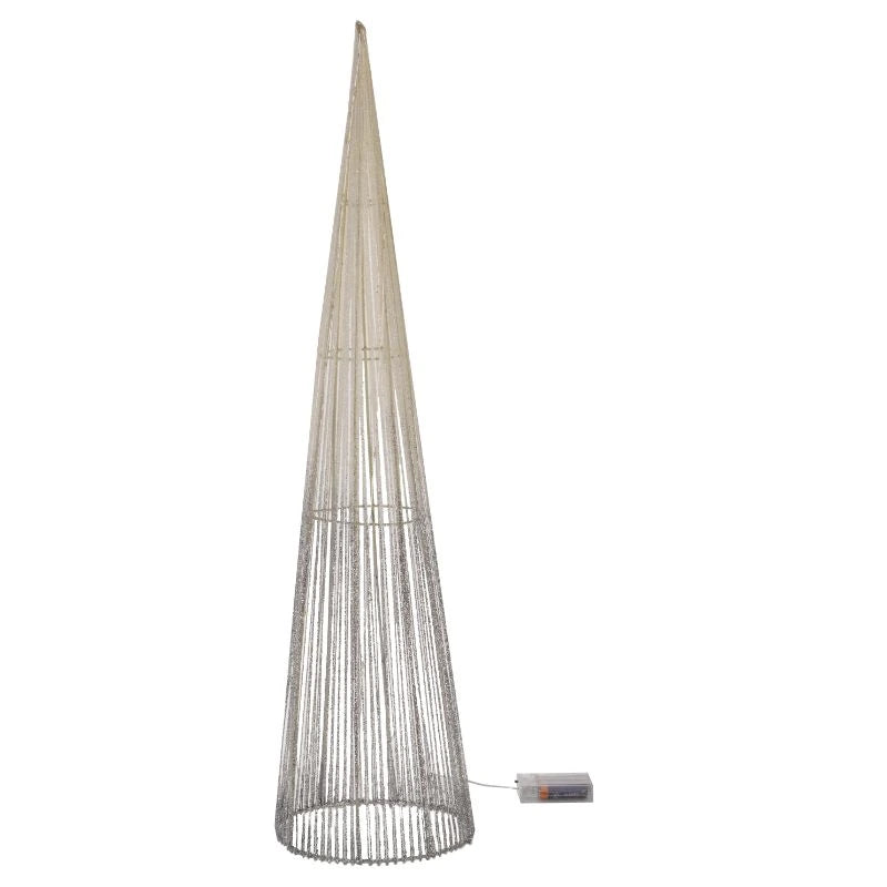 Tall silver TreeBelisk cone with its battery box against white.