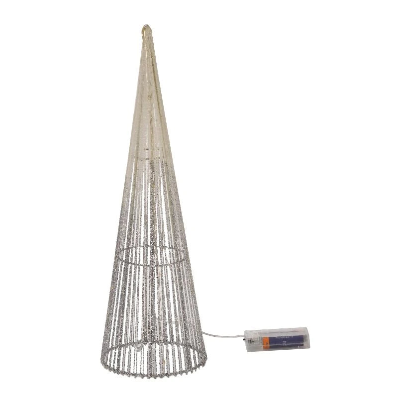 Small silver TreeBelisk cone with its battery box against white.