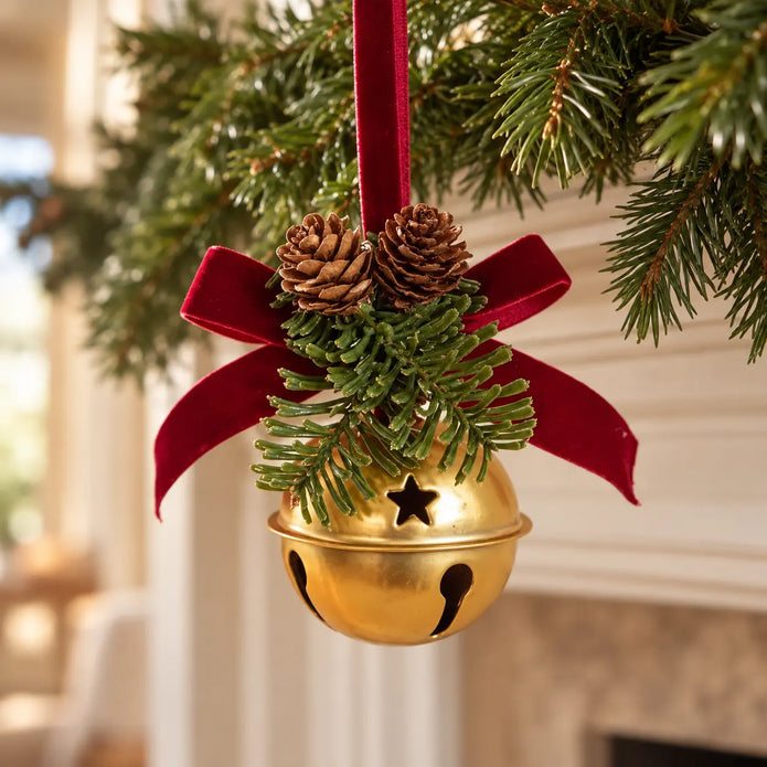 Single gold bell with burgundy bow hanging on evergreen