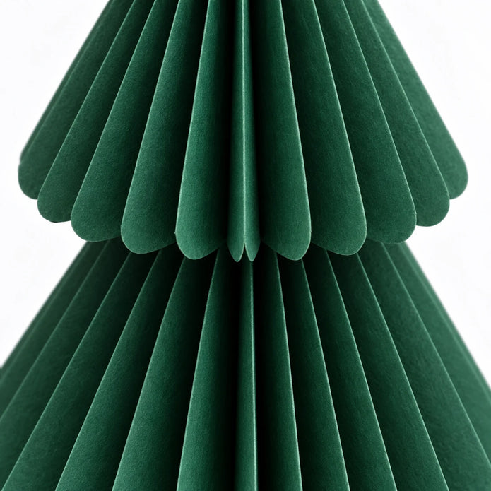 Close detail of green paper folds and scalloped tier edges.