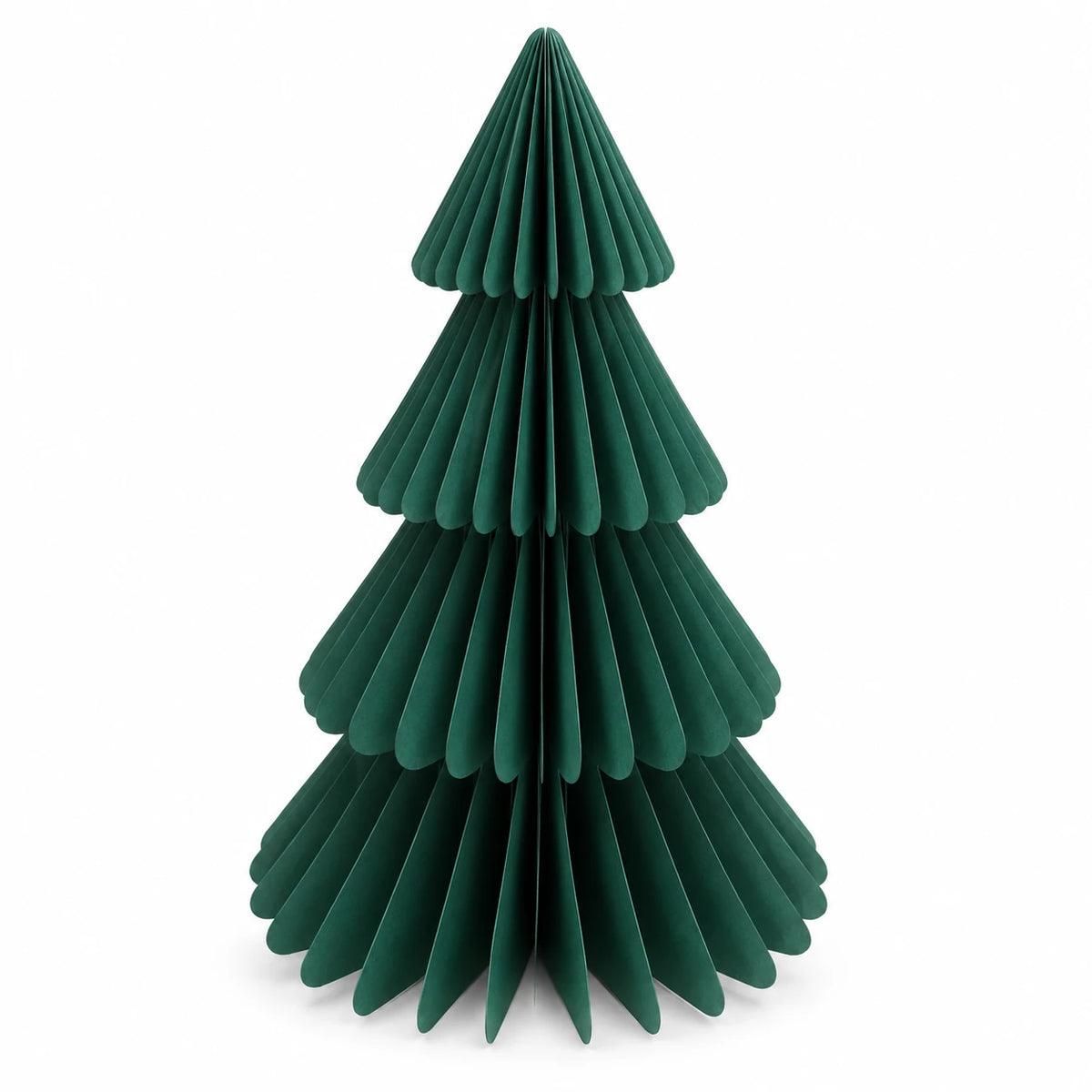 Full green paper Christmas tree with four tiers on a white background.
