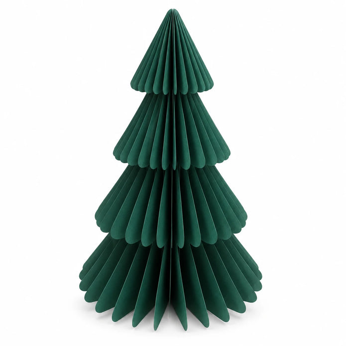 Full green paper Christmas tree with four tiers on a white background.