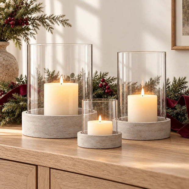 Wikholmform Siri Stone Storm hurricane candle lantern in three sizes, decorative home decor piece with weathered stone finish.